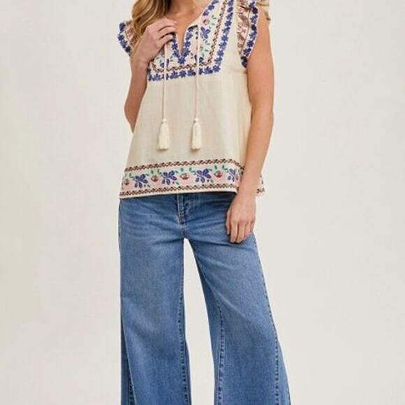 Boho Embroidered Ruffled Sleeve Tasseled Drawstring Top Linen Blend - Picture 5 of 6